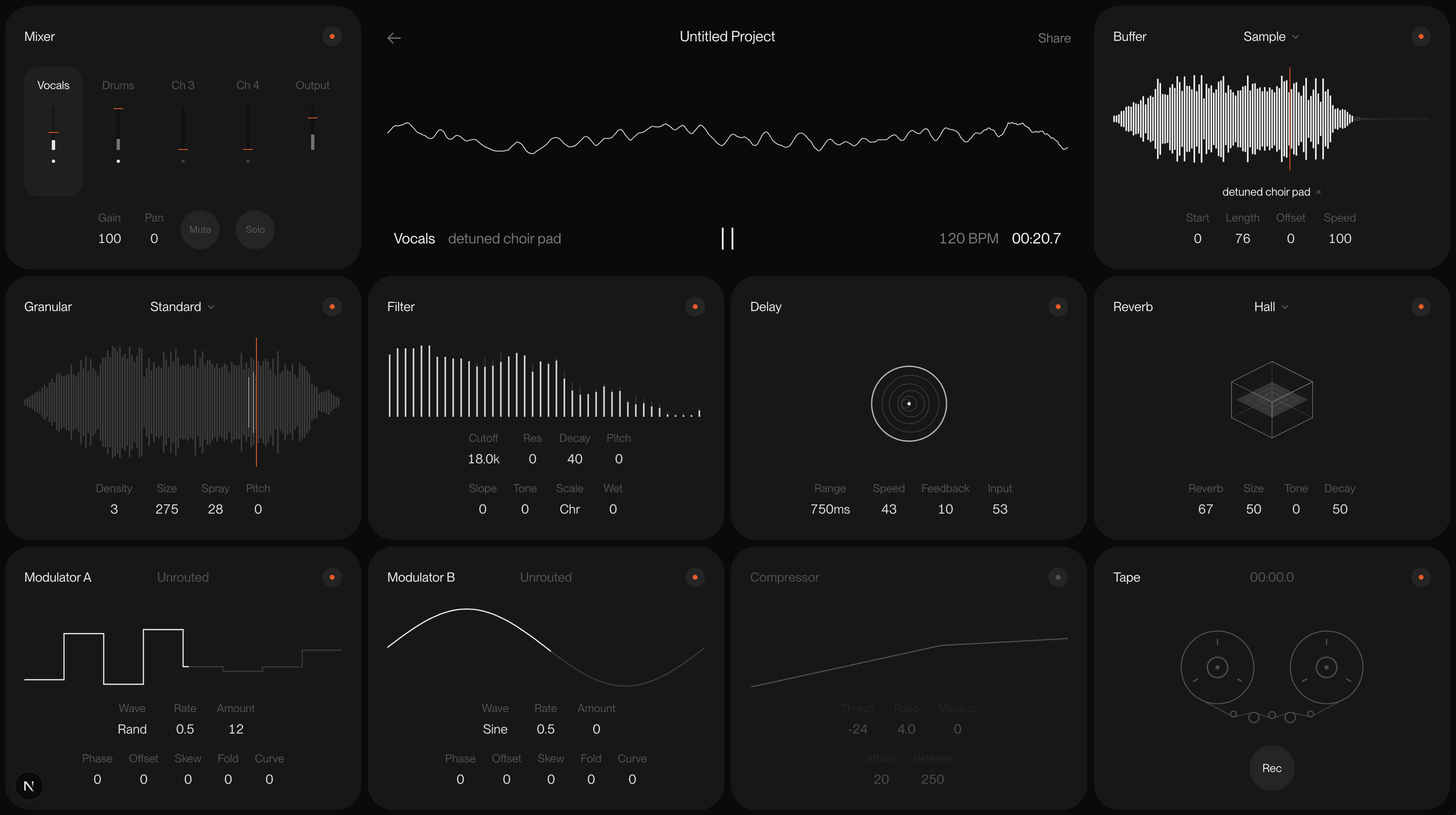 The soundscape instrument, a dark grid of modules: mixer, granular, filter, delay, reverb, modulators, tape